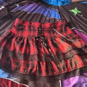Red Plaid Skirt with Lace Trim